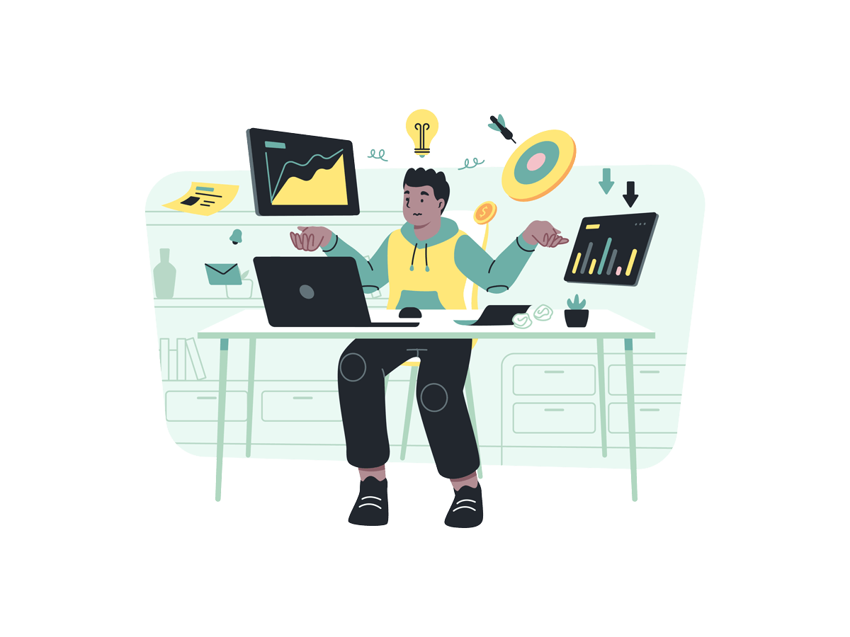 Illustration of a person balancing goals with graphs